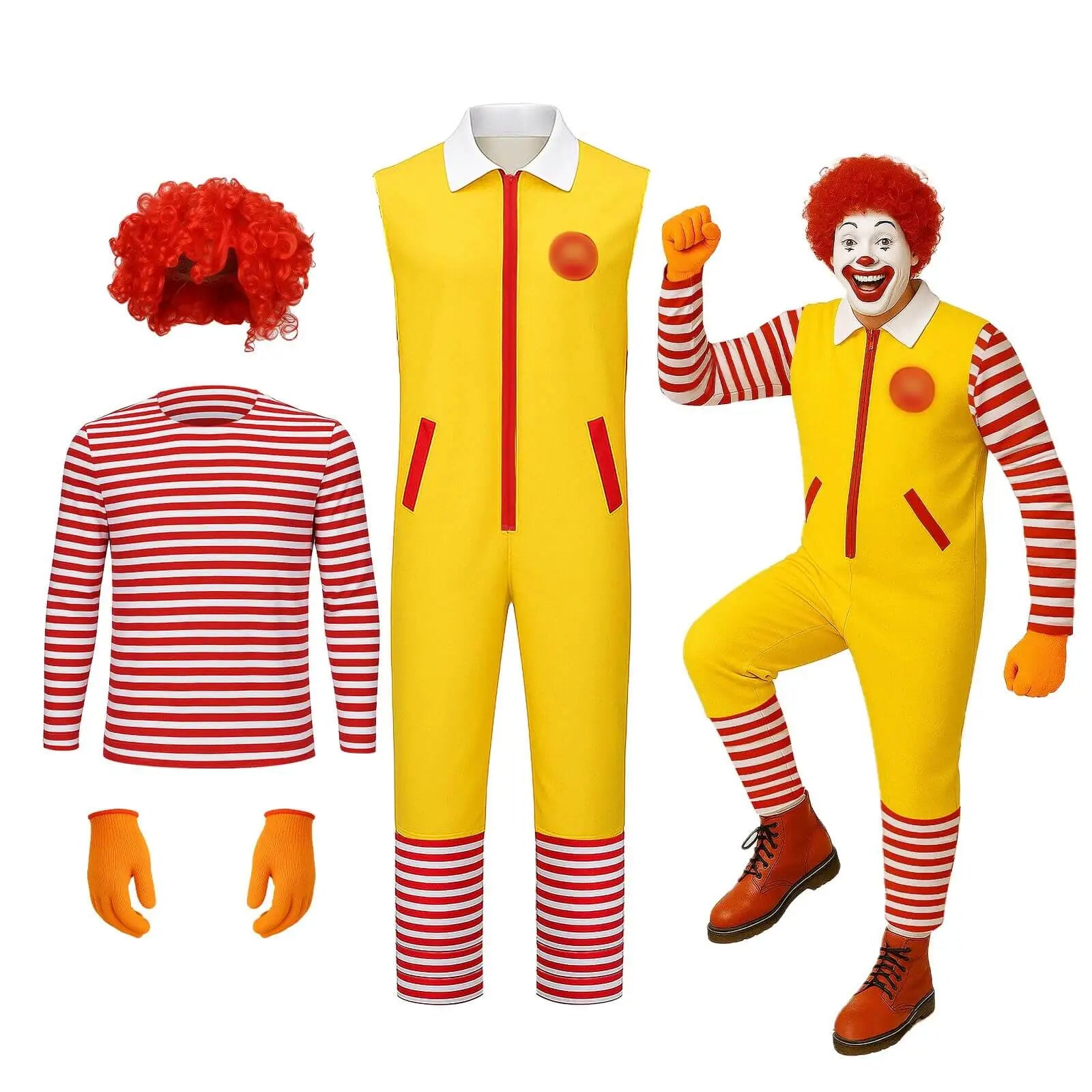 Costume clown adulte style unique rayé jaune et rouge avec perruque rouge, gants et bottes assortis pour événement festif