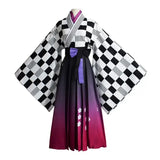 Kimono élégant noir et blanc à carreaux avec obi violet et jupe dégradé rose violet brodée pour cosplay anime hololive tokoyami idéale pour événements cosplay