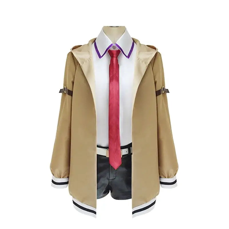 Costume kurisu makise avec trench coat beige à bordures blanc et noir, col violet et sangles marron aux manches