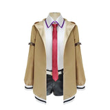Costume kurisu makise avec trench coat beige à bordures blanc et noir, col violet et sangles marron aux manches