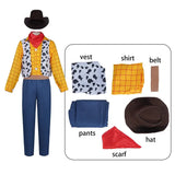 Costume cosplay anime woody avec chemise à carreaux jaune, gilet imprimé vache noir blanc, pantalon bleu, foulard rouge et chapeau cowboy marron design fidèle pour soirées déguisées