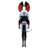 Costume cosplay avatar feu cendres avec coiffe rouge et noire à plumes et tissu bleu-gris rayé ajusté