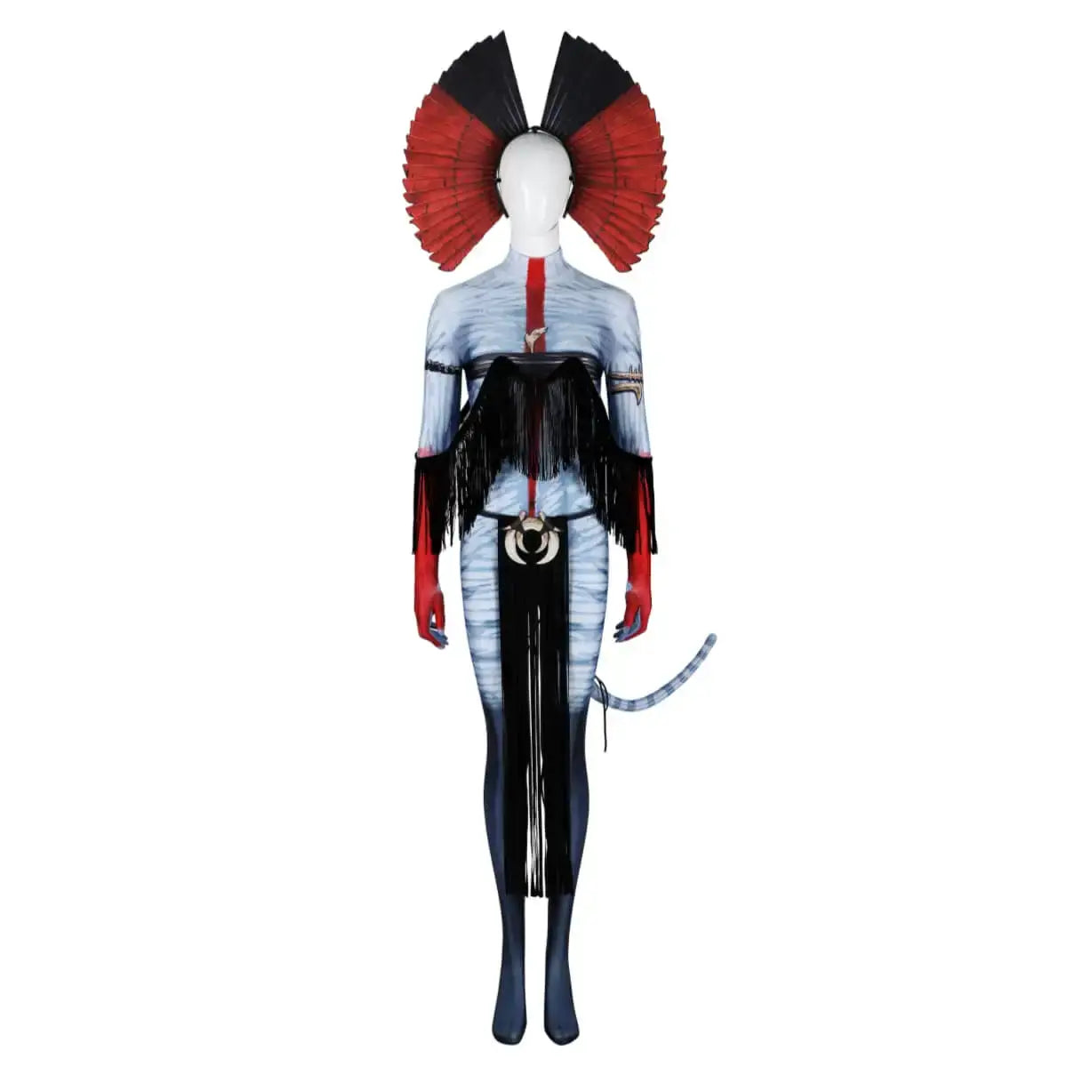 Costume cosplay avatar feu cendres avec coiffe rouge et noire à plumes et tissu bleu-gris rayé ajusté