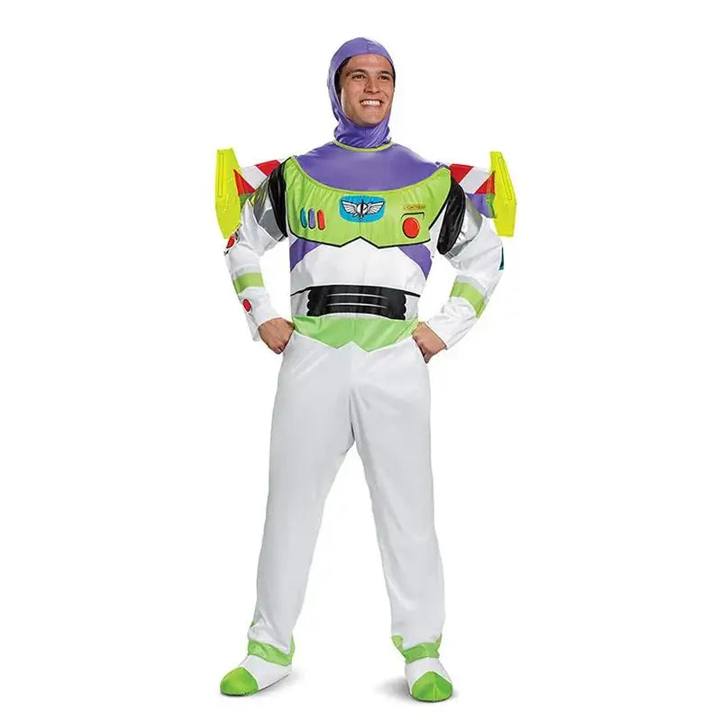Costume cosplay buzz l’Éclair adulte en polyester léger avec vert vibrant, violet, accents jaunes et pantalon blanc