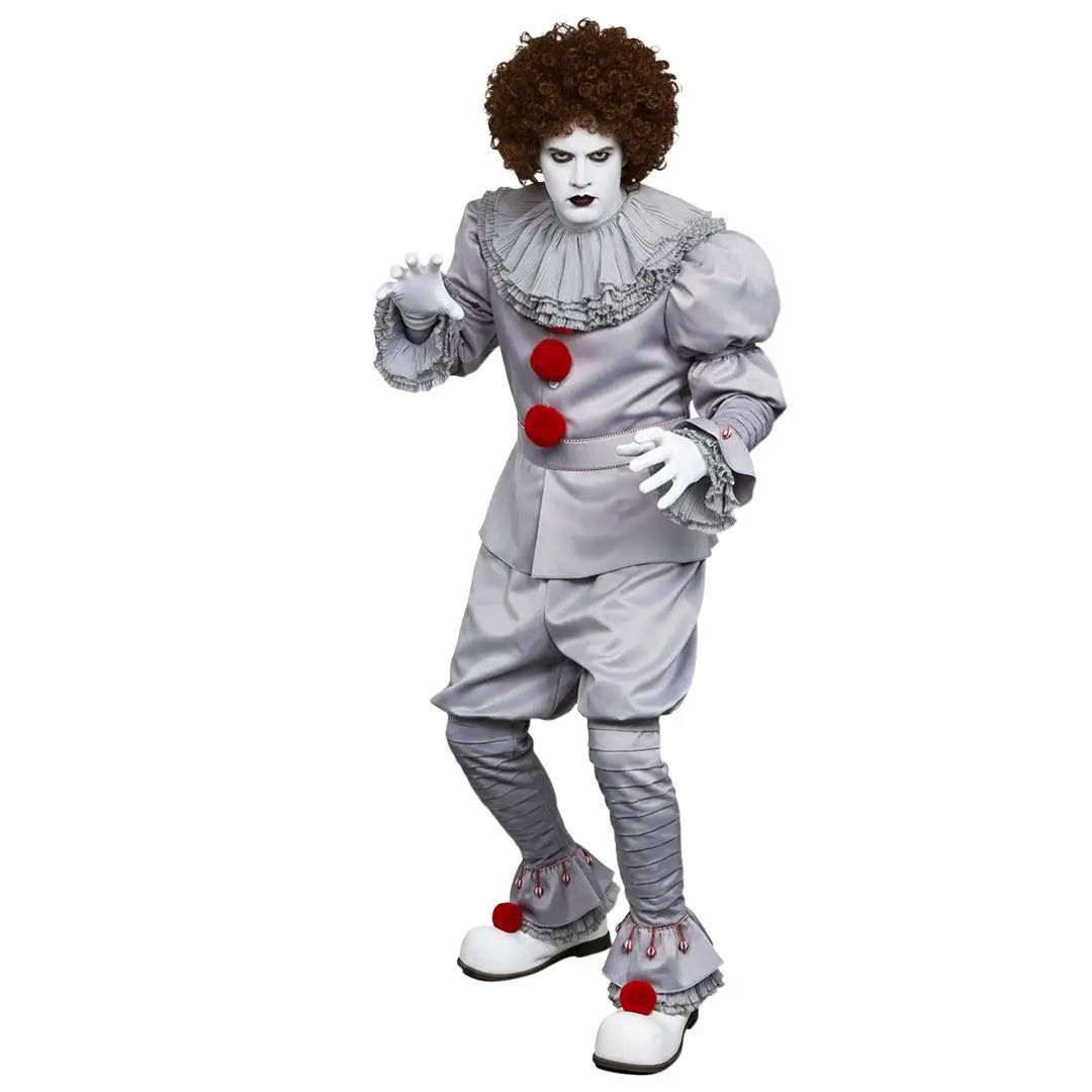 Costume cosplay clown penny en satin gris avec pompons rouges et détails à volants pour cosplay clown