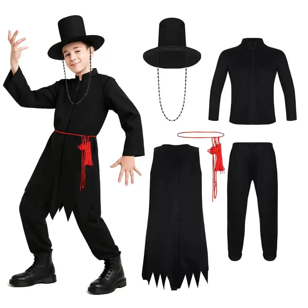 Costume cosplay demon jinu composé d’un haut noir à col montant zippé avec pantalon assorti et chapeau orné pour fêtes costumées