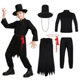 Costume cosplay demon jinu composé d’un haut noir à col montant zippé avec pantalon assorti et chapeau orné pour fêtes costumées