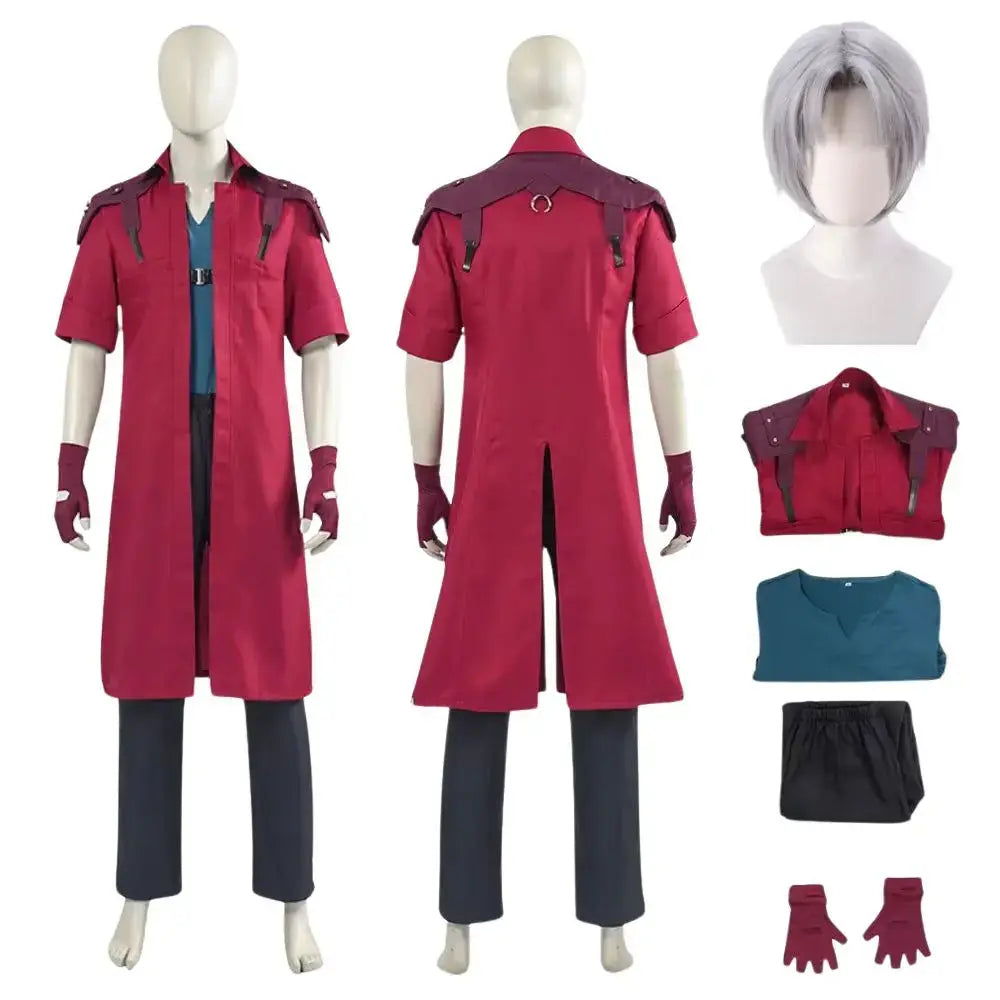 Costume cosplay dmc 5 dante avec trench rouge, accents bordeaux, gants assortis, perruque argentée, chemise pliée et accessoires