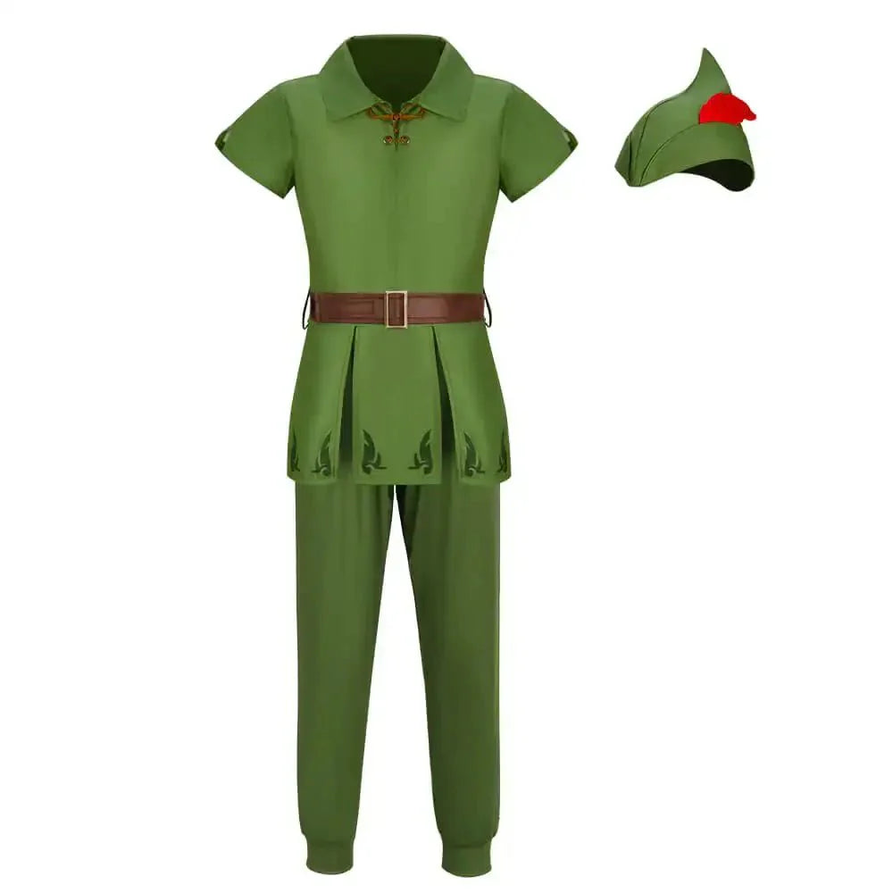 Costume cosplay peter pan vert avec polo manches courtes brodé or, pantalon à motifs feuilles et ceinture marron pour pays imaginaire