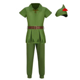 Costume cosplay peter pan vert avec polo manches courtes brodé or, pantalon à motifs feuilles et ceinture marron pour pays imaginaire
