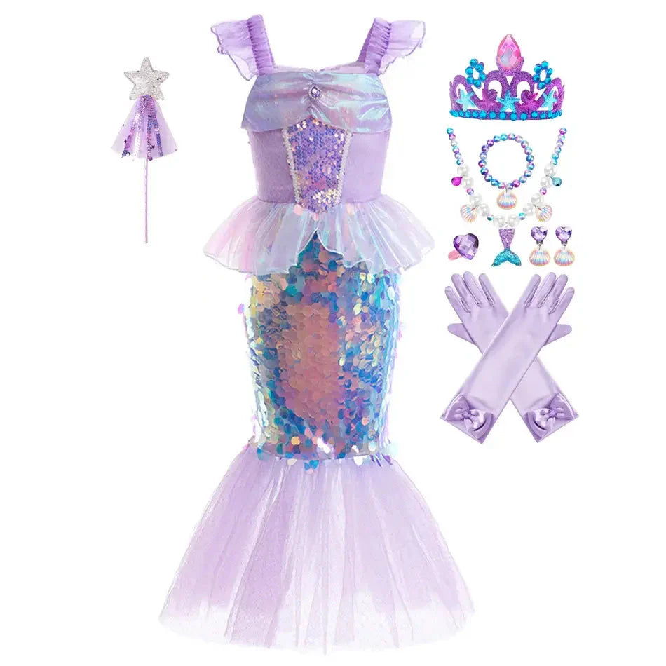 Costume cosplay petite sirène violet avec sequins irisés et jupe tulle transparente robe élégante légère
