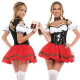 Costume de carnaval serveuse allemande rouge et noir avec corset, manches bouffantes et dentelle blanche élégante