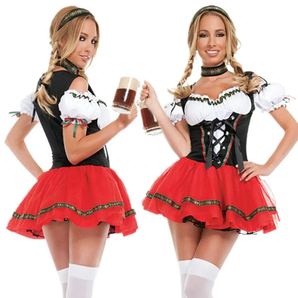 Costume de carnaval serveuse allemande rouge et noir avec corset, manches bouffantes et dentelle blanche élégante