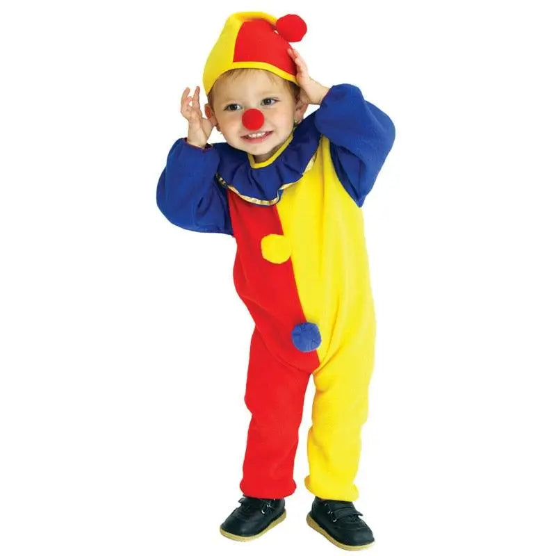Enfant pourra s’amuser avec ce costume de clown pour enfants rouge et jaune aux accents bleus avec chapeau pompon