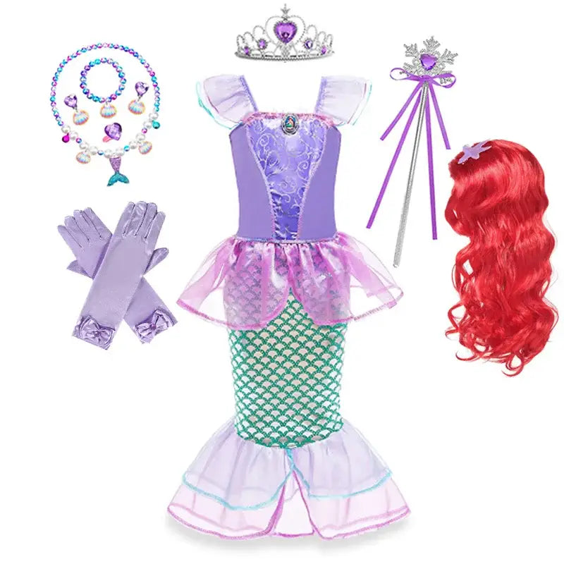 Costume de cosplay sirène ariel pour filles avec corsage lacé violet vert et volants jupe sirène en tulle transparent