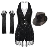 Robe noire à sequins avec franges et boutons argentés pour costume de danse jazz moderne