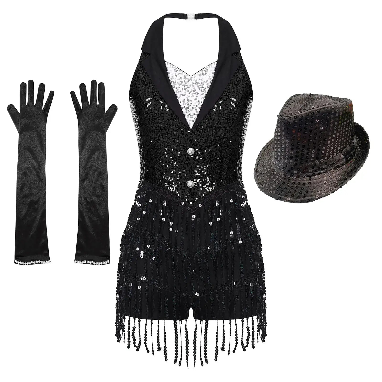 Robe noire à sequins avec franges et boutons argentés pour costume de danse jazz moderne