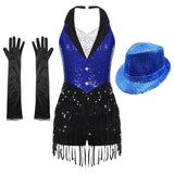 Costume de danse jazz moderne avec haut bleu à sequins, short à franges noir, chapeau assorti et gants satinés longs noirs