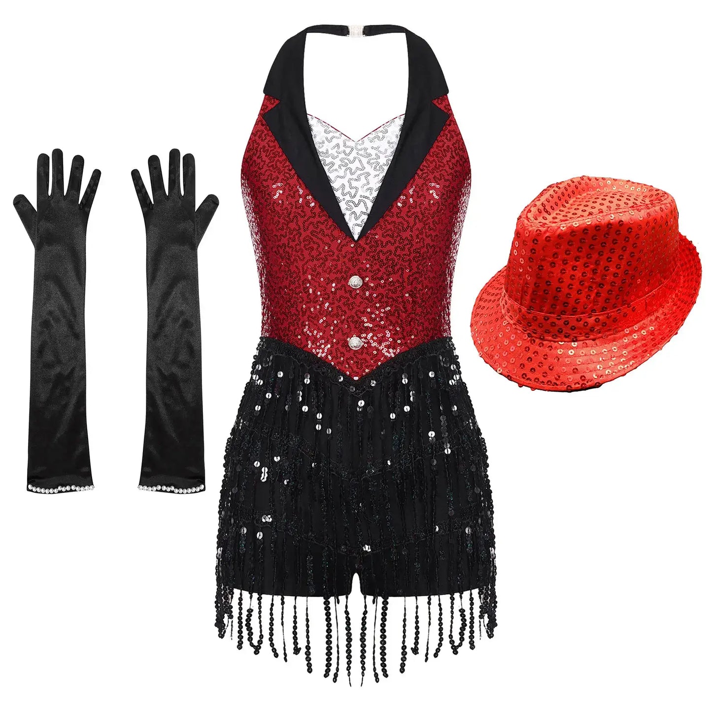 Costume de danse jazz moderne avec top halter rouge pailleté, shorts à franges noires et chapeau fedora assorti