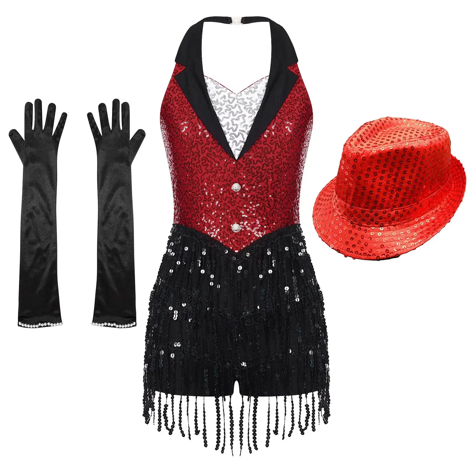 Costume de danse jazz moderne avec top halter rouge pailleté, shorts à franges noires et chapeau fedora assorti