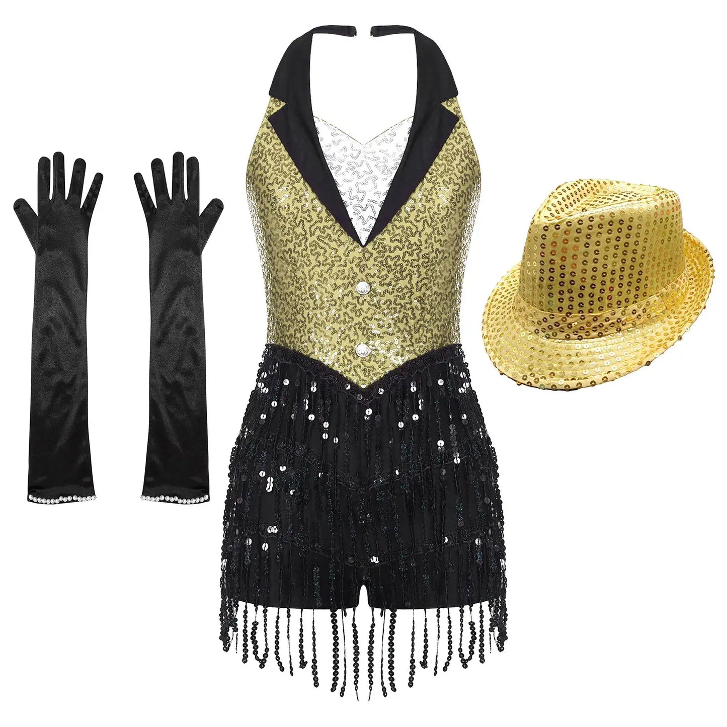 Costume de danse jazz moderne composé d un haut halter doré à sequins avec bordure satin noir et boutons perle avec chapeau fedora assorti
