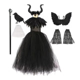 Robe en tulle noire avec corsage à plumes et serre-tête cornes pour déguisement maléfique disney filles
