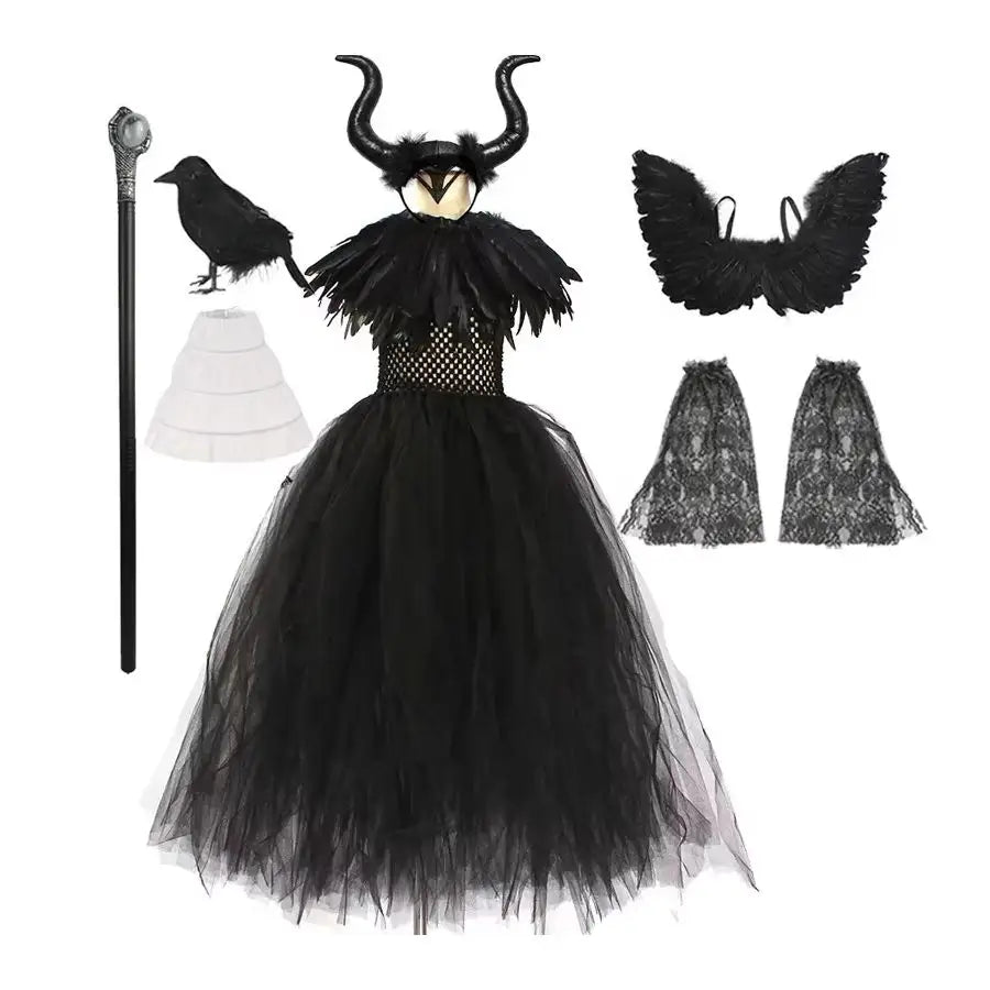 Robe en tulle noire avec corsage à plumes et serre-tête cornes pour déguisement maléfique disney filles