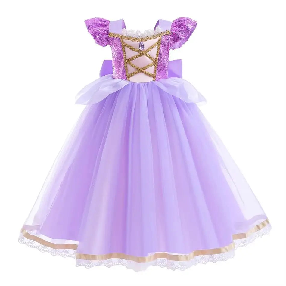 Robe de bal princesse raiponce enfant violette à sequins avec manches bouffantes corset à lacets dos et jupe en tulle