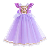 Robe de bal princesse raiponce enfant violette à sequins avec manches bouffantes corset à lacets dos et jupe en tulle