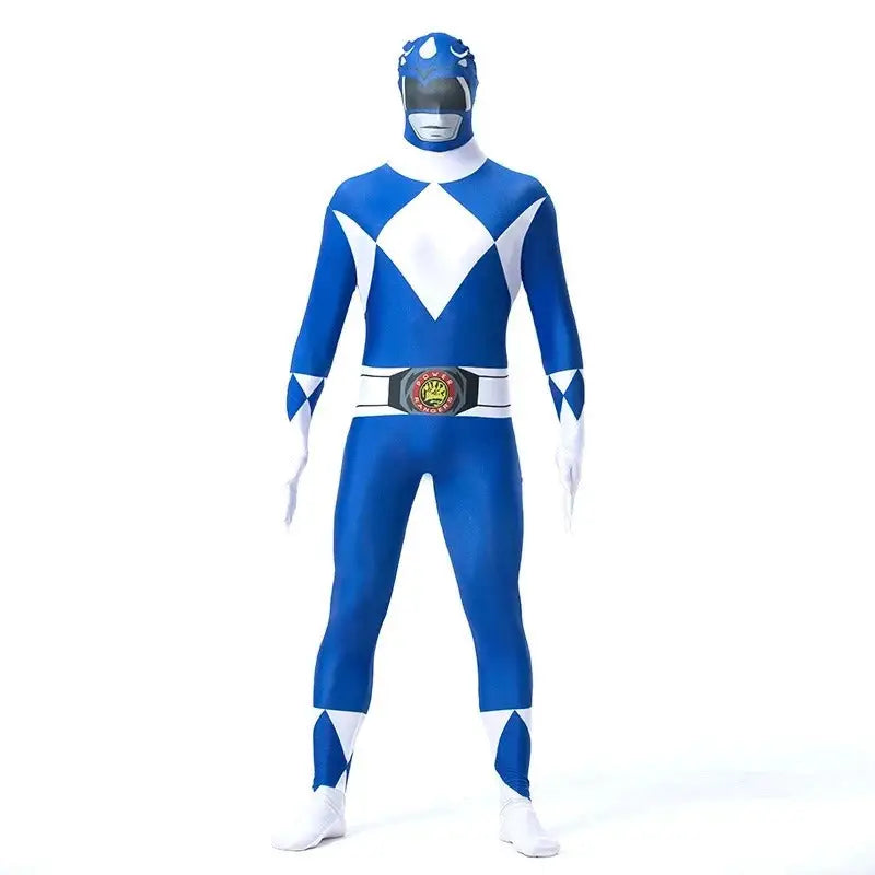 Costume de super-héros power rangers mighty morphin bleu et blanc en matériau brillant et moulant
