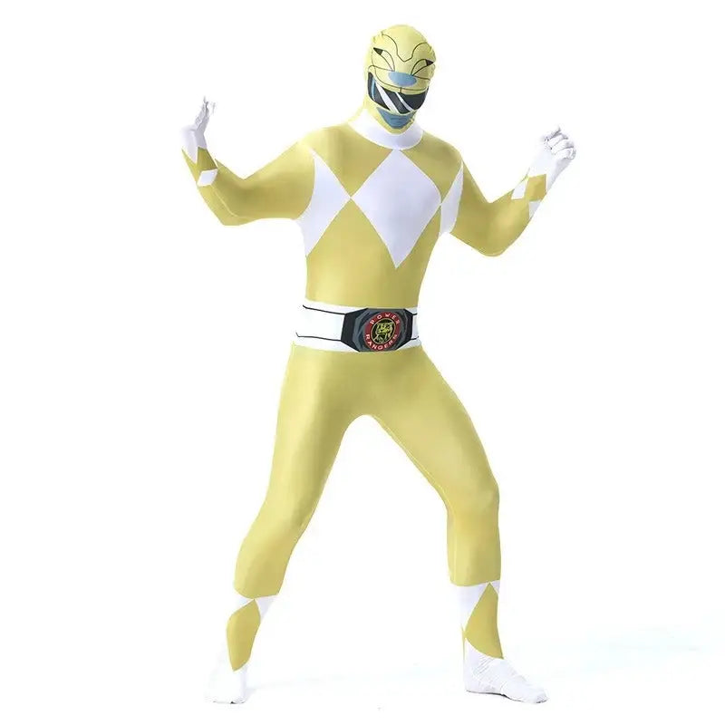 Costume de super-héros power rangers mighty morphin jaune avec motifs losanges blancs et ceinture noire rouge
