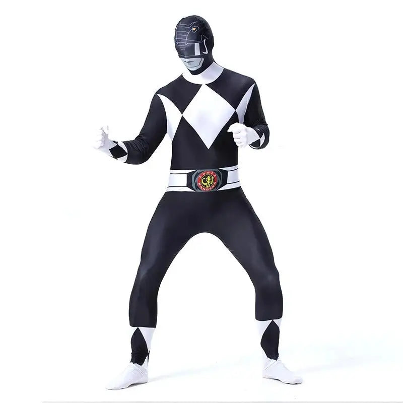 Costume de super-héros power ranger mighty morphin noir et blanc en spandex brillant ajusté pour rangers mighty morphin