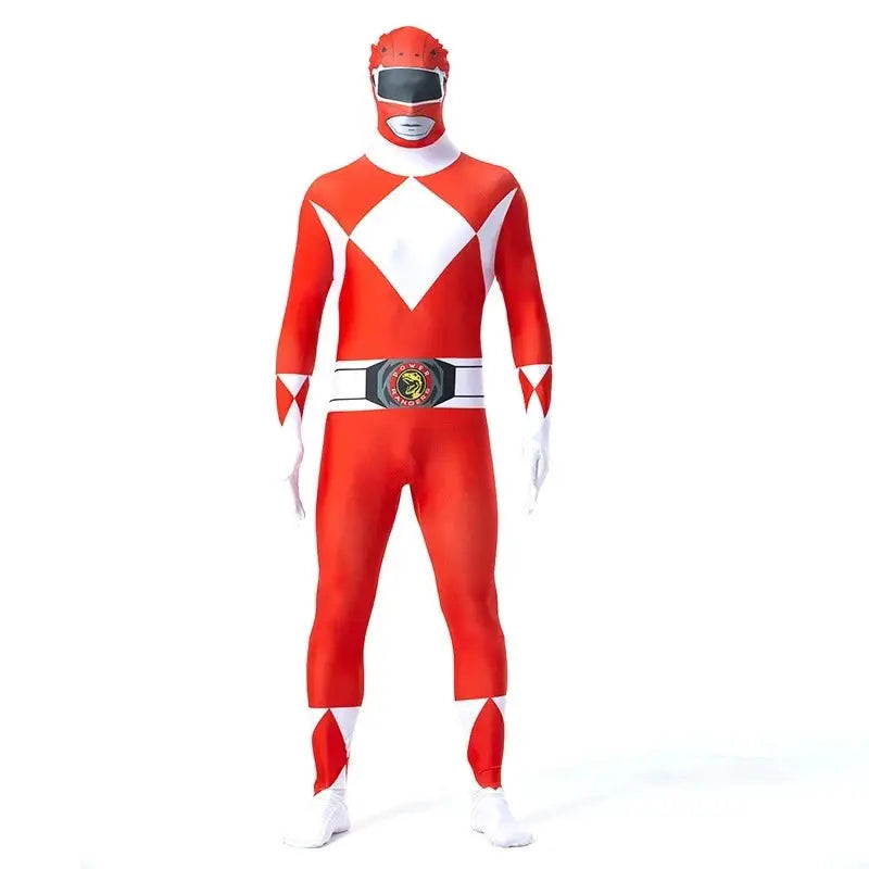 Costume de super-héros power ranger mighty morphin en spandex rouge et blanc avec visière noire et ceinture argentée logo power rangers