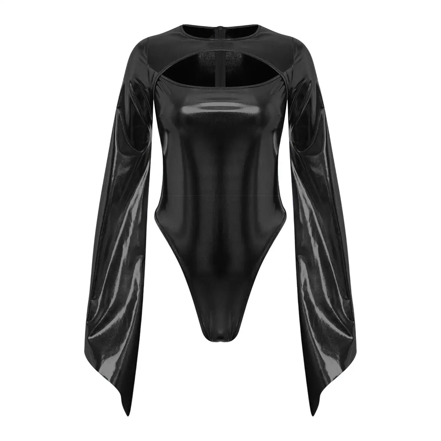 Costume disco body brillant en latex noir brillant avec cape fluide et col carré pour un look élégant