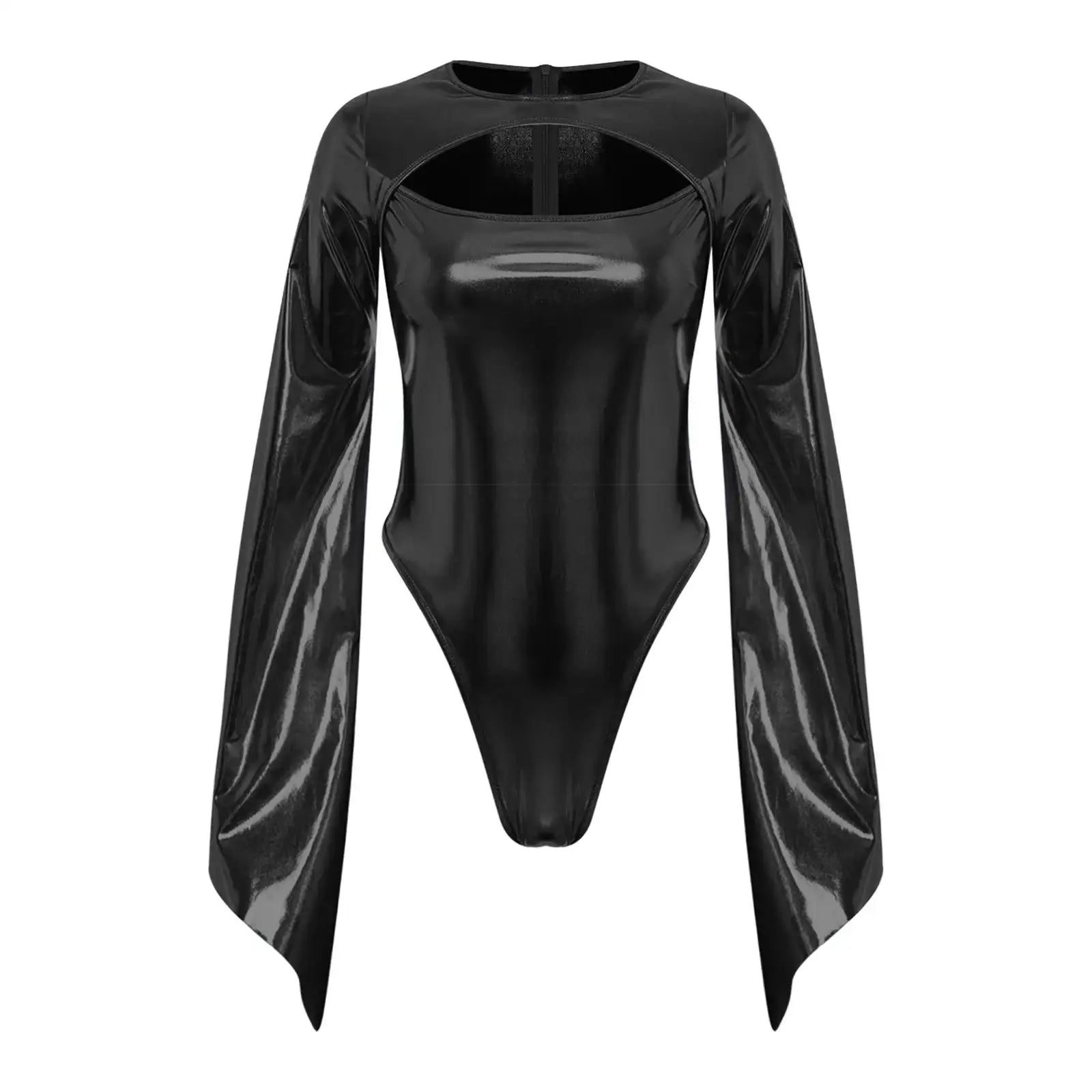 Costume disco body brillant en latex noir brillant avec cape fluide et col carré pour un look élégant