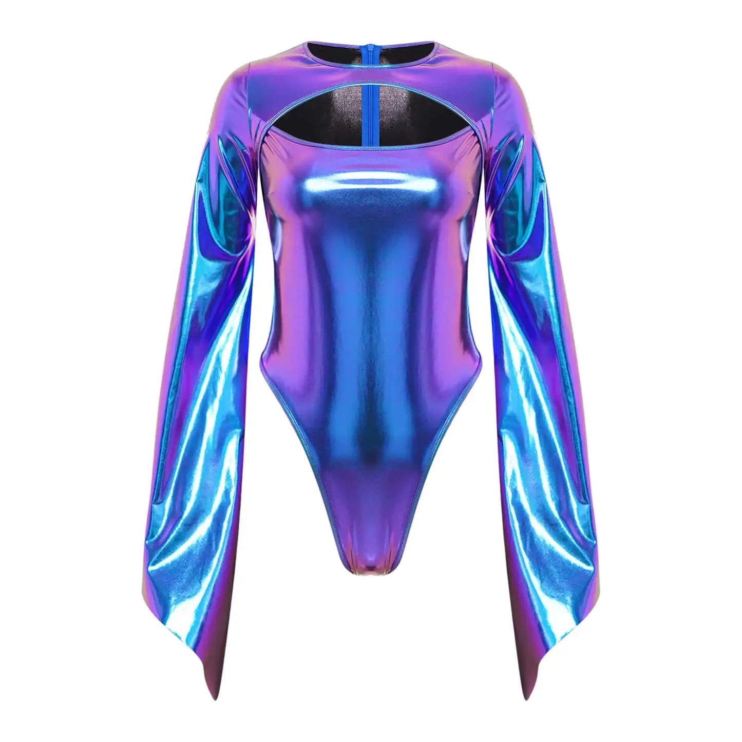 Costume disco body brillant en tissu irisé avec manches cape fluides en dégradé violet et bleu