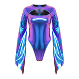 Costume disco body brillant en tissu irisé avec manches cape fluides en dégradé violet et bleu