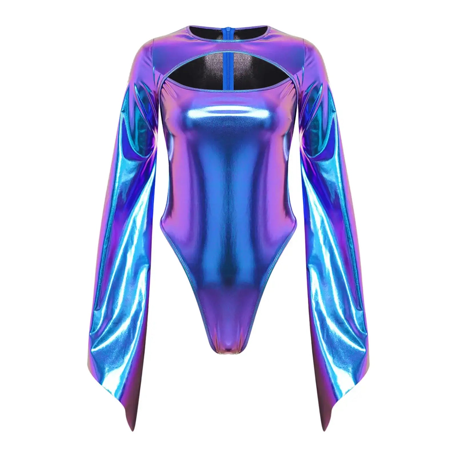 Costume disco body brillant en tissu irisé avec manches cape fluides en dégradé violet et bleu