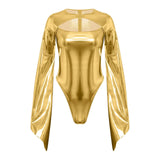 Costume disco body brillant en tissu métallique doré brillant avec manches longues fluides et découpe au col