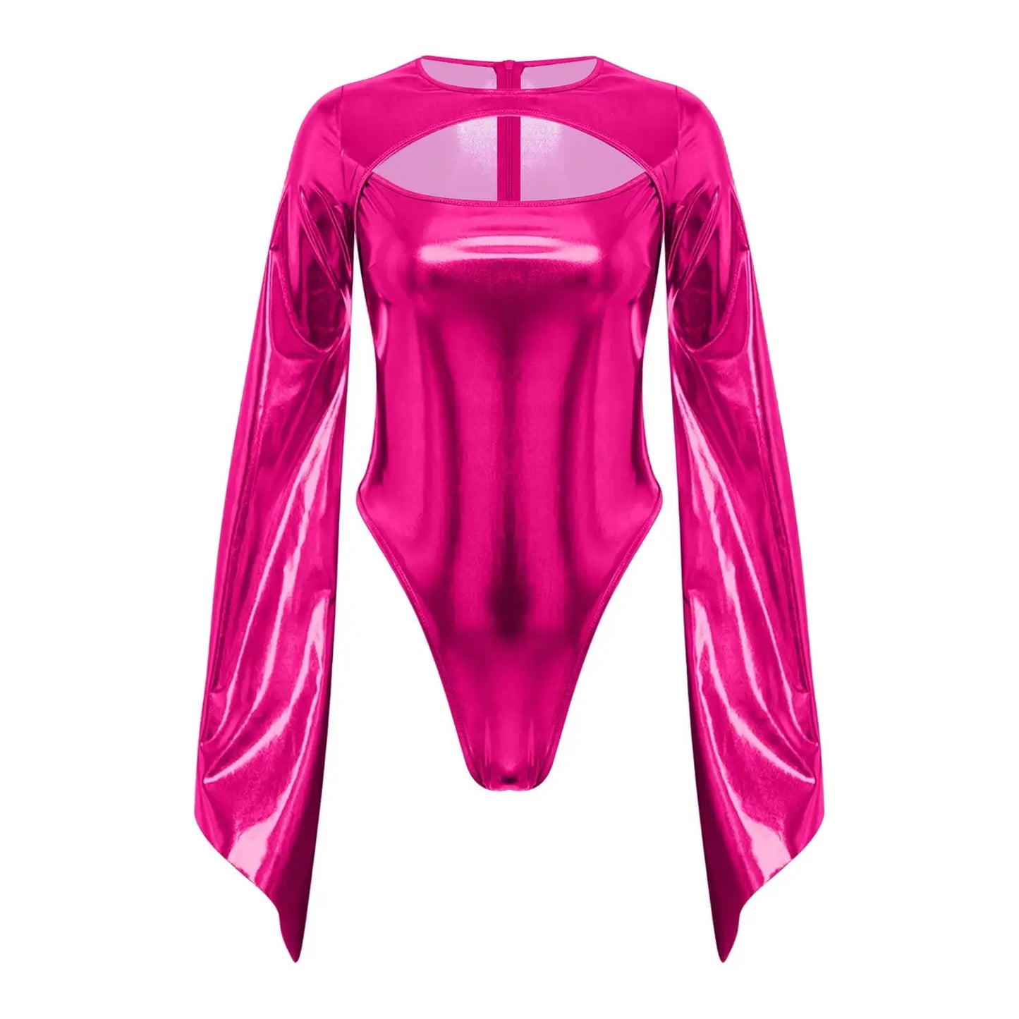 Costume disco body brillant femme métallisé fuchsia avec manches longues flottantes et découpe dos visible
