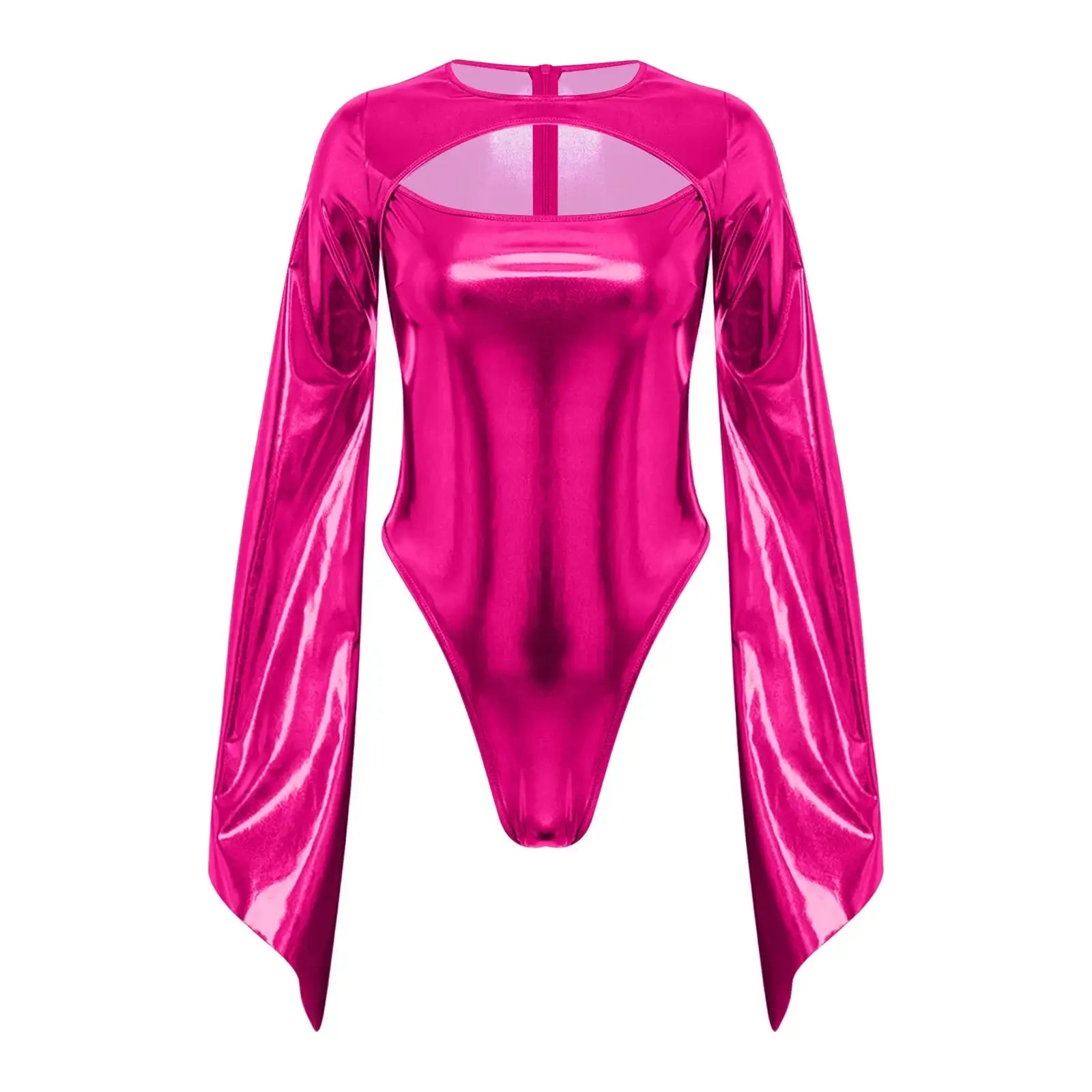 Costume disco body brillant femme métallisé fuchsia avec manches longues flottantes et découpe dos visible