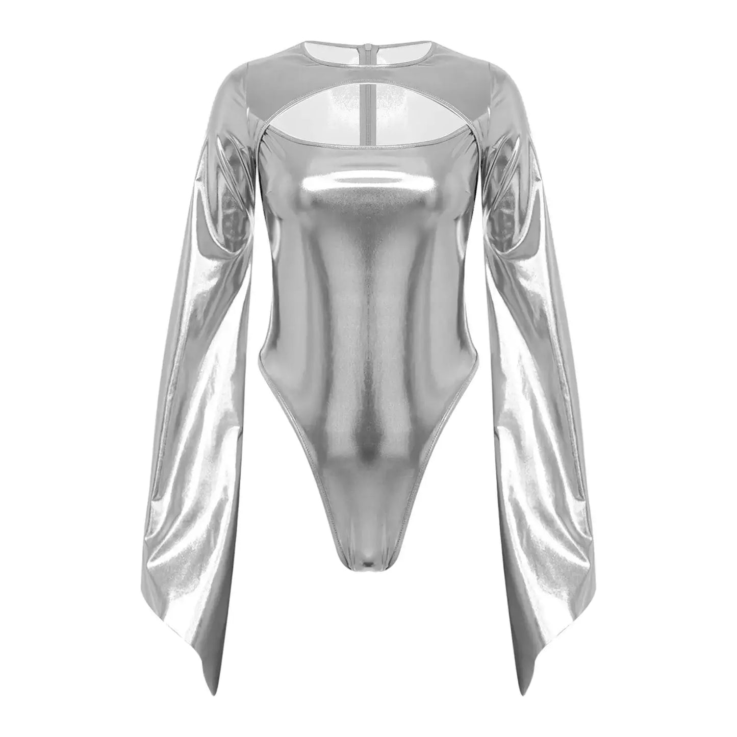 Costume disco body brillant en métallisé argenté avec manches cape longues et insert en tulle au col