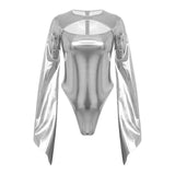 Costume disco body brillant en métallisé argenté avec manches cape longues et insert en tulle au col