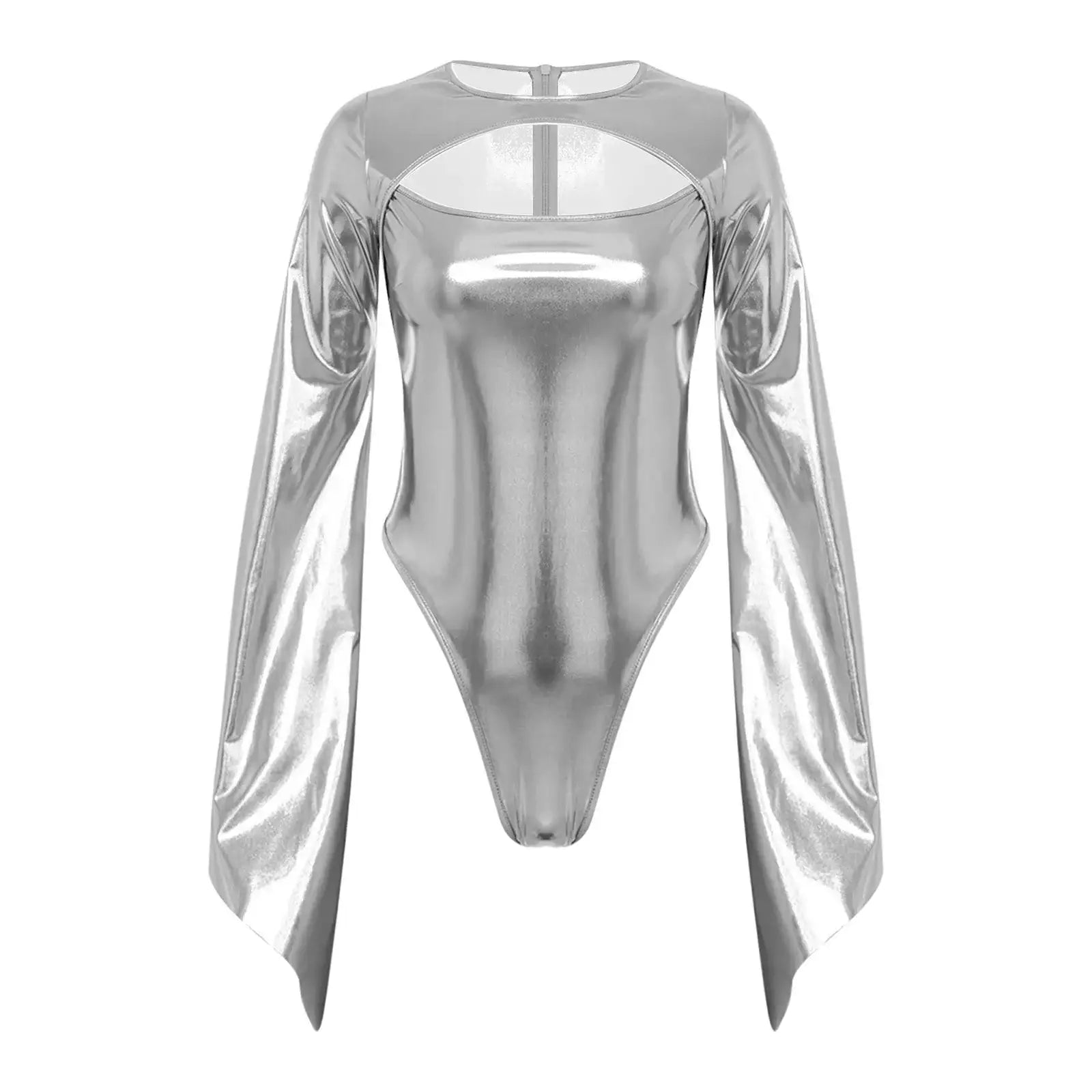 Costume disco body brillant en métallisé argenté avec manches cape longues et insert en tulle au col