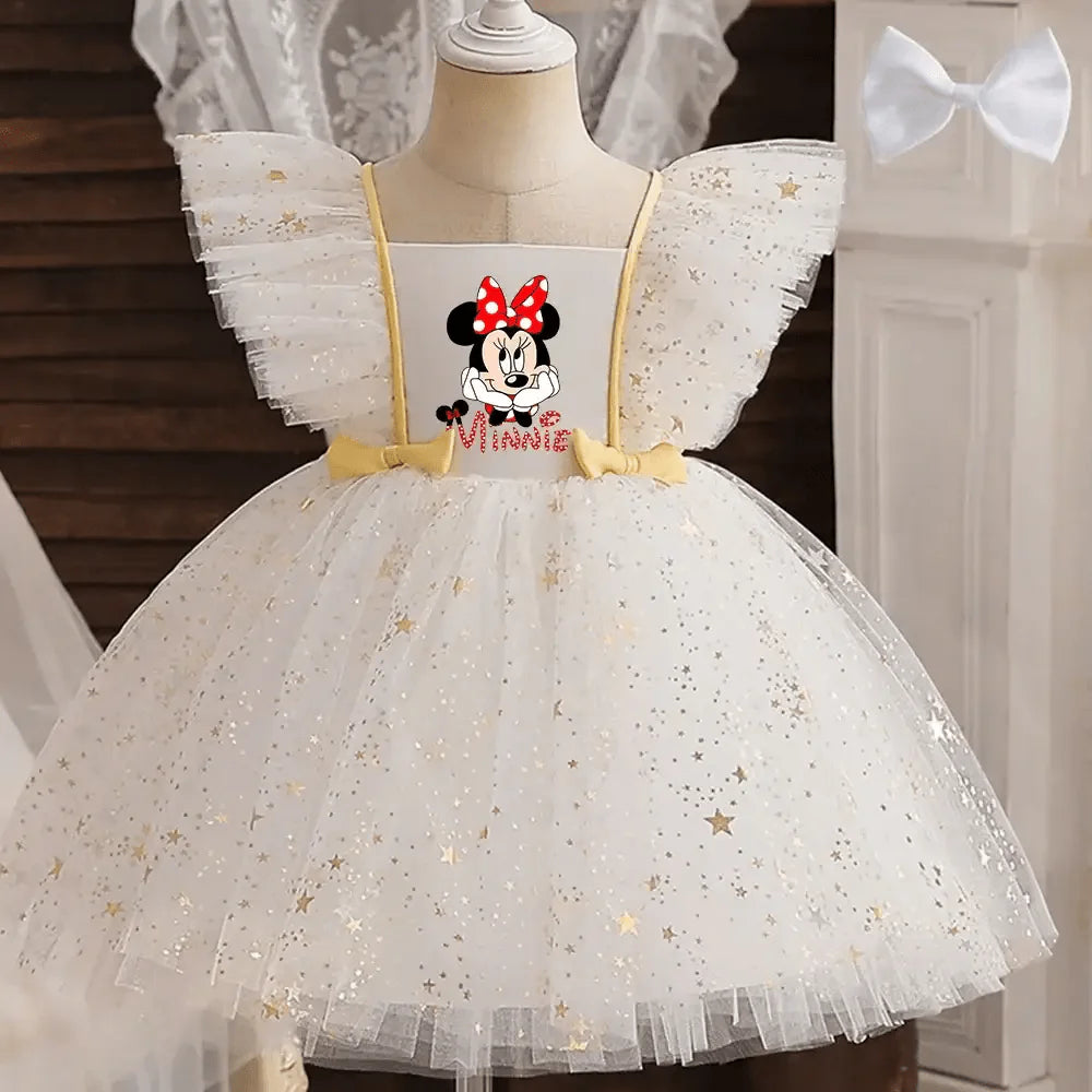 Robe de fête blanche en tulle avec étoiles dorées et bretelles jaunes pour costume Disney Minnie Mouse petite fans