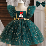 Robe minnie mouse disney en tulle vert émeraude avec étoiles et nœuds dorés pour les fans petites tailles
