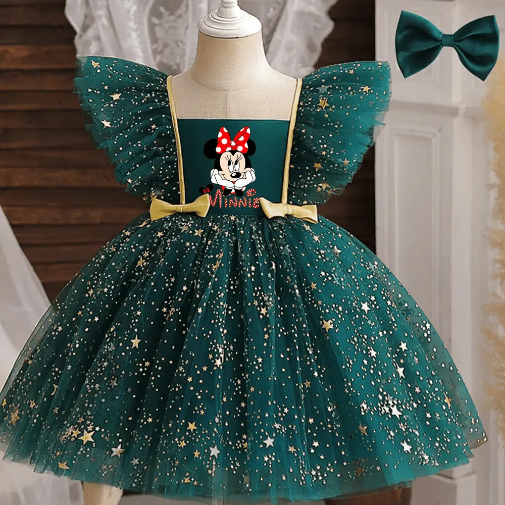 Robe minnie mouse disney en tulle vert émeraude avec étoiles et nœuds dorés pour les fans petites tailles