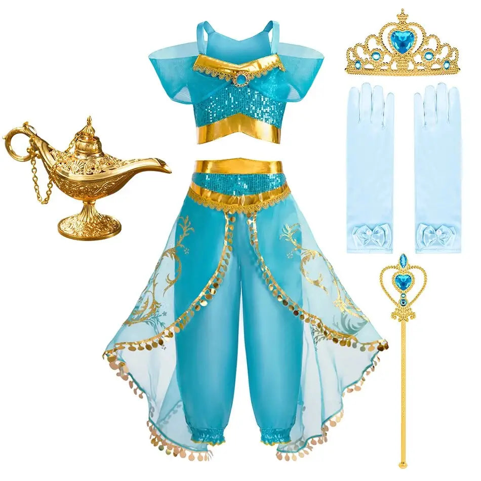 Costume disney princesse jasmine en crop top sequins turquoise avec bordure dorée, pantalon assorti, diadème, gants et lampe pour confort optimal