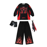 Jeune enfant street dance costume avec maillot motocross manches longues noir et rouge et pantalon à motif flammes