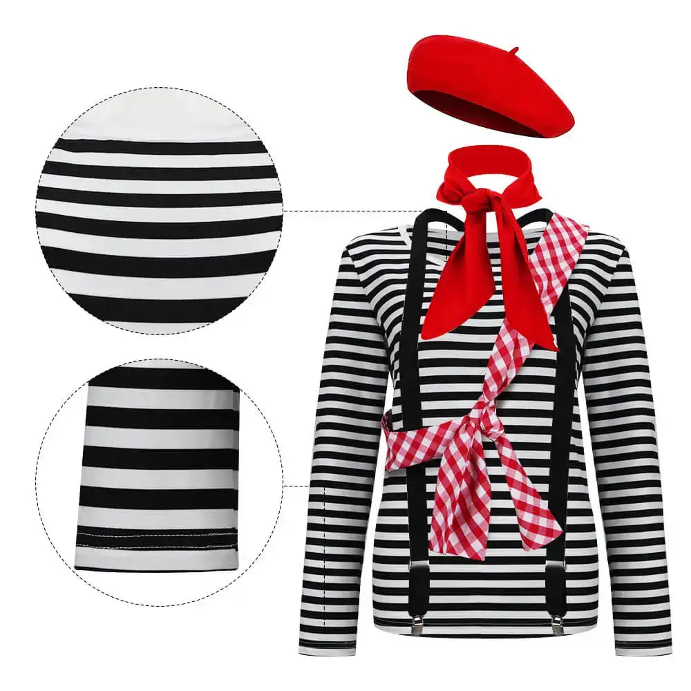 Chemise rayée noire et blanche à manches longues avec béret rouge et écharpe à carreaux pour costume femme clair obscur expedition 33